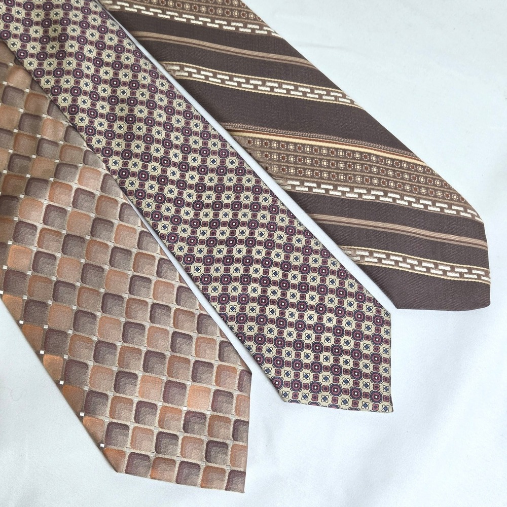 Lot of 3 Brown Neck Ties JC Penney Stafford‎ Van Heusen Geometric Patterns